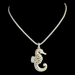 Monet Seahorse Necklace‎ Silver-tone Rhinestone Pendant 17.5" Beachy Statement